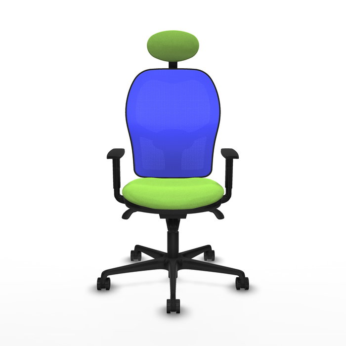 Silla de oficina Jorquera con mecanismo Sincro tapizada con Tela color Pistacho y malla color Azul. Equipada con lumbar 1D, Brazos 1D, Cabecero Fijo y Ruedas 65mm nailon