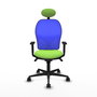 Silla de oficina Jorquera con mecanismo Sincro tapizada con Tela color Pistacho y malla color Azul. Equipada con lumbar 1D, Brazos 1D, Cabecero Fijo y Ruedas 65mm nailon