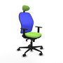 Silla de oficina Jorquera con mecanismo Sincro tapizada con Tela color Pistacho y malla color Azul. Equipada con lumbar 1D, Brazos 1D, Cabecero Fijo y Ruedas 65mm nailon