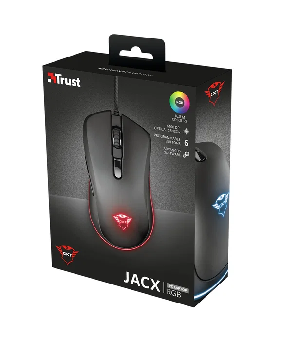Trust Ratón Gaming GXT 930 Jacx RGB, Óptico 6400 DPI, 8 Botones Programables (2 para pulgar), Negro, Ergonómico para Mano Derecha, Software Personalizable