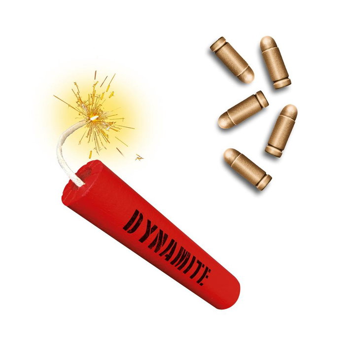 dV Giochi Bang! Caja de Dinamita - Accesorios Juego de Cartas con Cartucho de Dinamita, 34 Balas de madera y 8 tableros de doble cara Ref. EEDVBA12