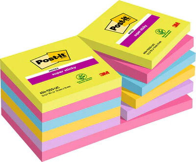 Post-it Pack de 12 Blocs de Notas Adhesivas Super Sticky 76x76 mm Colores Surtidos