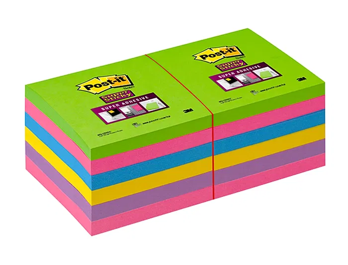 Post-it Bloc de Notas Adhesivas Super Stick 76x76 mm Pack de 12 Verde Rosa Amarilla Surtidos