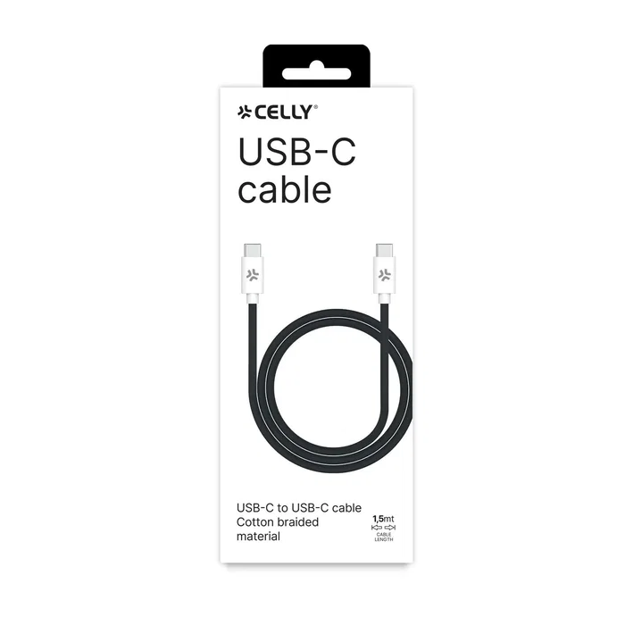 Celly USBCUSBCCOTTBK Cable USB-C a USB-C 1.5m Negro/Blanco, Carga Rápida PD 100W, Tejido Trenzado Resistente para iPhone 15 y Android