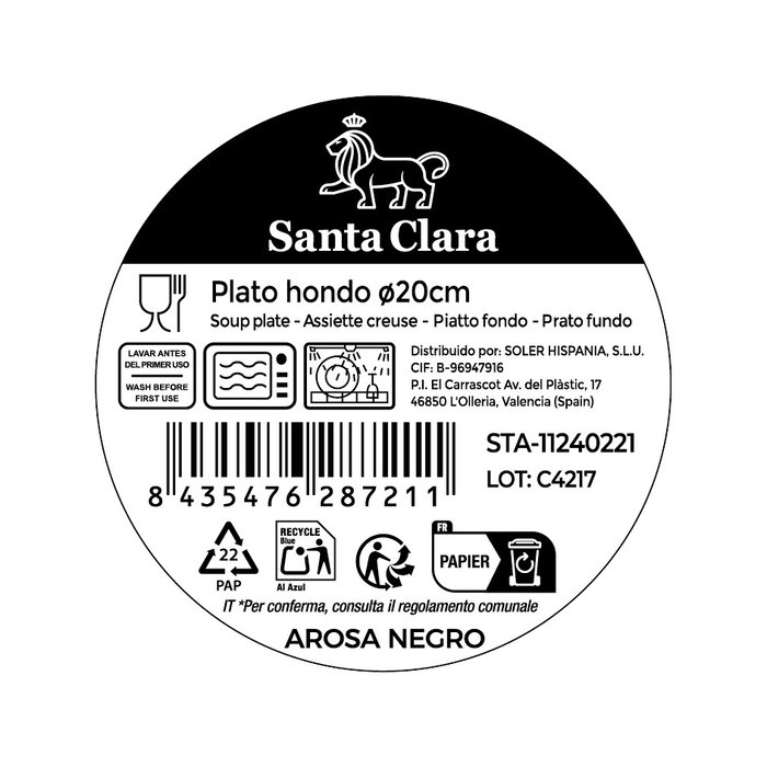 Inde Plato Hondo Negro Ø20 cm "Arosa" S. Clara, Diámetro 20 cm (12 Unidades)