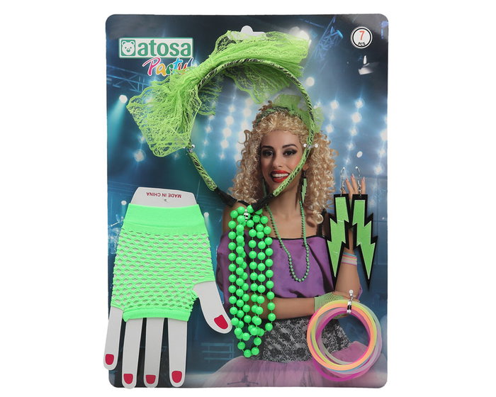 Atosa Set Años 80 Verde Flúor con Muñequeras, Collar y Cinta