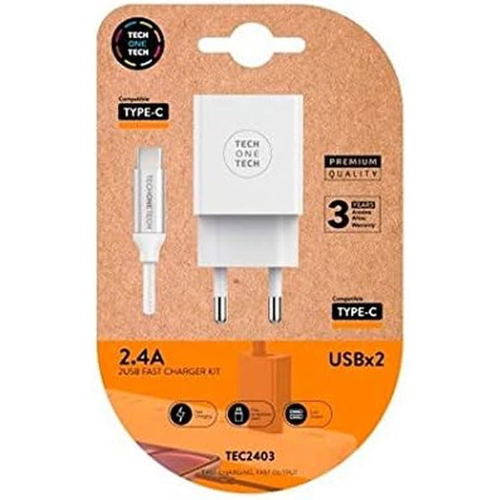 Tech One Tech Cargador de Pared TEC2403 con 2xUSB y Cable USB-C Blanco Tech One Tech Cargador de Pared TEC2403 con 2xUSB y Cable USB-C Blanco