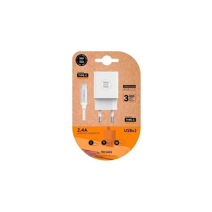 Tech One Tech TEC2403 Cargador de Pared Doble con Cable USB-C Blanco