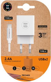 Cargador Tech-One-Tech Doble Pared Blanco + Cable Usb-Usb-C Alto Rendimiento 2,4A