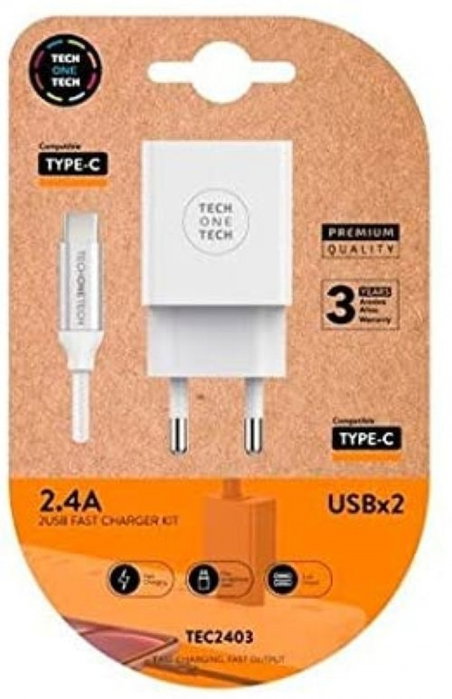 Tech One Tech TEC2403 Cargador de Pared Doble con Cable USB-C Blanco