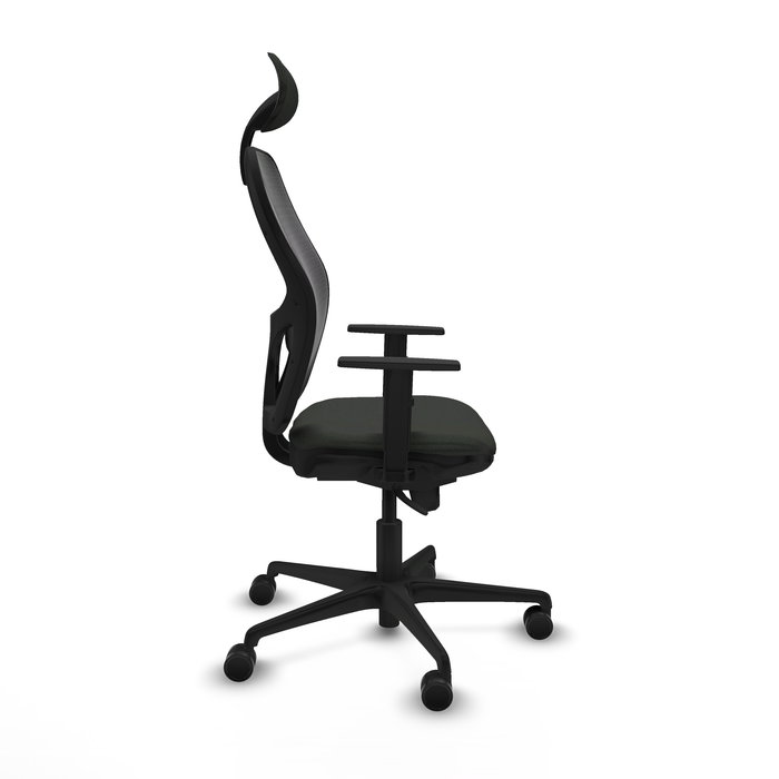 Silla de oficina Jorquera con mecanismo Sincro tapizada con Tela color Negro. Equipada con lumbar 1D, Brazos 1D, Cabecero Fijo y Ruedas 65mm nailon