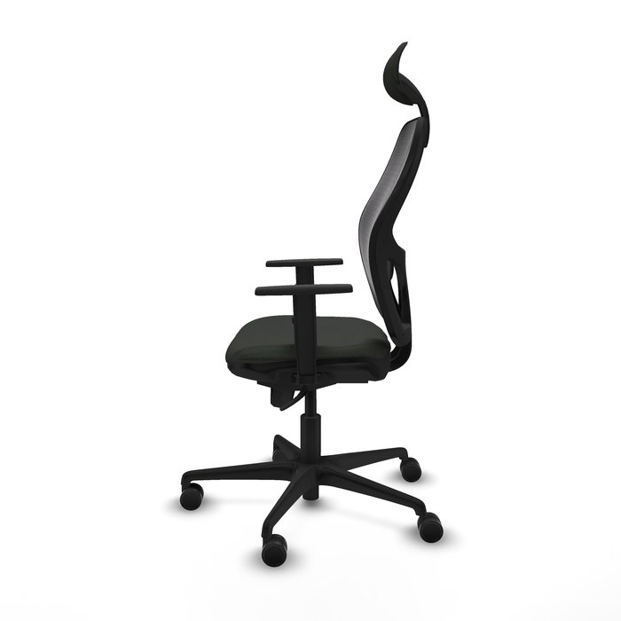 Silla de oficina Jorquera con mecanismo Sincro tapizada con Tela color Negro. Equipada con lumbar 1D, Brazos 1D, Cabecero Fijo y Ruedas 65mm nailon