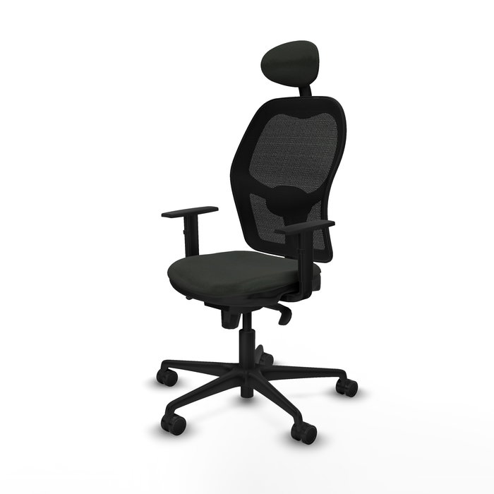 Silla de oficina Jorquera con mecanismo Sincro tapizada con Tela color Negro. Equipada con lumbar 1D, Brazos 1D, Cabecero Fijo y Ruedas 65mm nailon