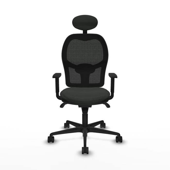 Silla de oficina Jorquera con mecanismo Sincro tapizada con Tela color Negro. Equipada con lumbar 1D, Brazos 1D, Cabecero Fijo y Ruedas 65mm nailon