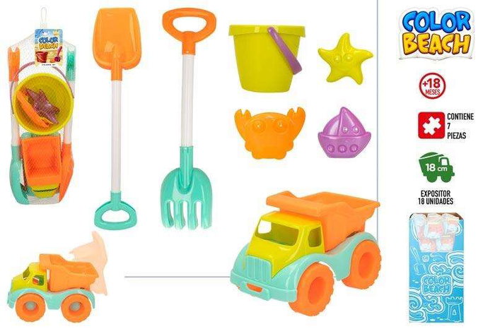 Color Baby Camión de Playa 18 cm con Pala, Rastrillo, Cubo y 3 Moldes - Juguete Infantil para Verano Color Baby Camión de Playa 18 cm con Pala, Rastrillo, Cubo y 3 Moldes - Juguete Infantil para Verano