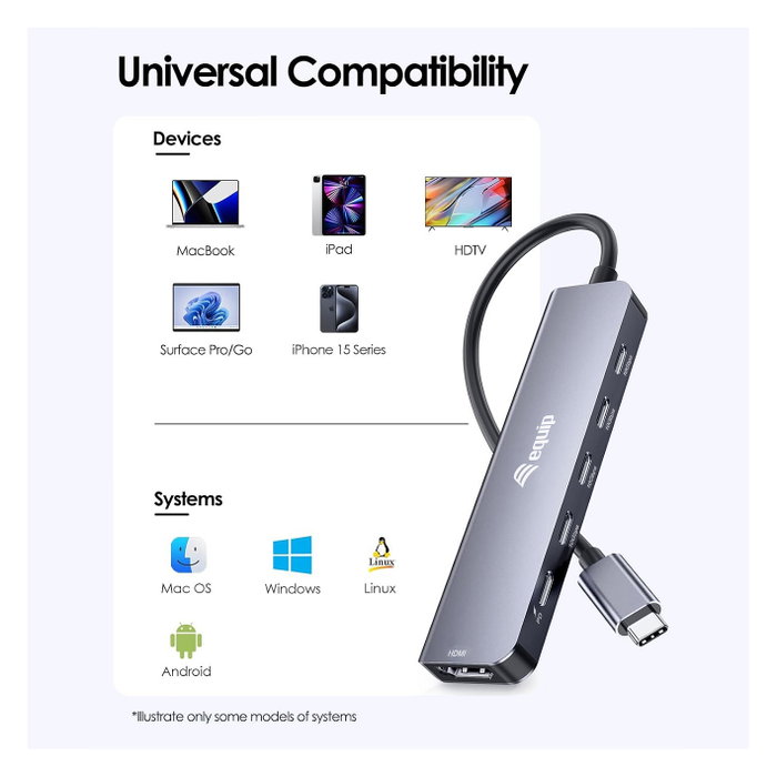Equip Adaptador USB-C a HDMI con 3x USB-C, USB PD, 4K 60Hz, 0.25m, Aluminio