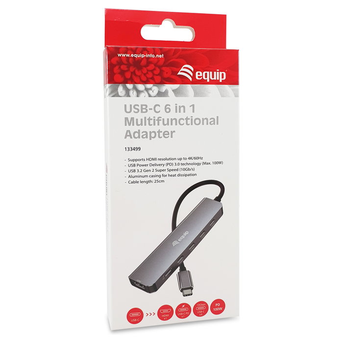 Equip Adaptador USB-C a HDMI con 3x USB-C, USB PD, 4K 60Hz, 0.25m, Aluminio