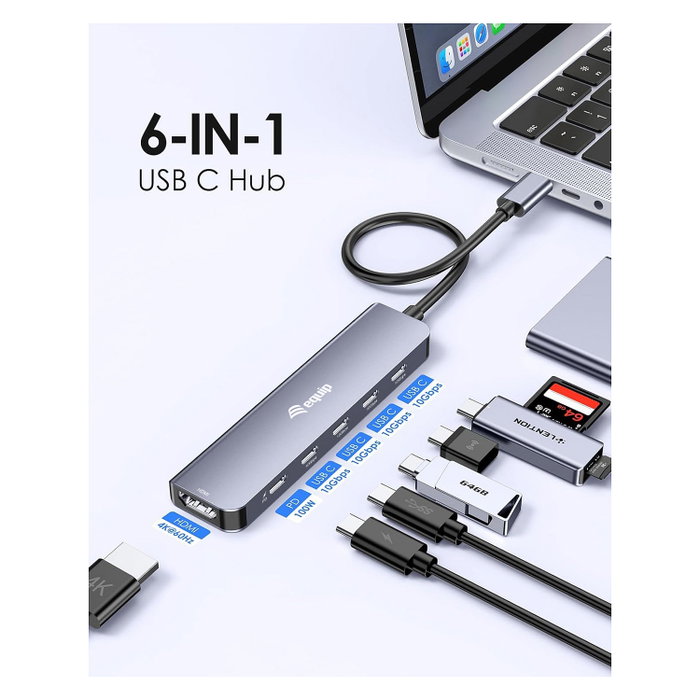 Equip Adaptador USB-C a HDMI con 3x USB-C, USB PD, 4K 60Hz, 0.25m, Aluminio