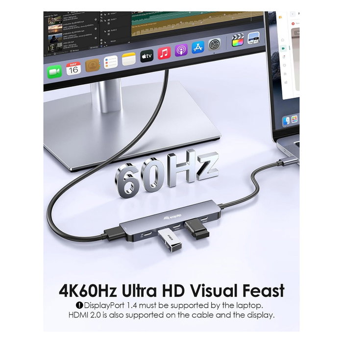 Equip Adaptador USB-C a HDMI con 3x USB-C, USB PD, 4K 60Hz, 0.25m, Aluminio
