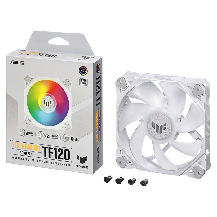 ASUS TUF Gaming TF120 ARGB White Edition - Ventilador de Caja ARGB 120mm, 7 Aspas, 1900 RPM, Blanco