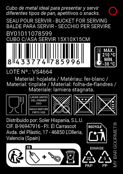 Inde Cubo de Acero con Asa My Bar para Servir (Pack de 24 Unidades) 15x16x17 cm