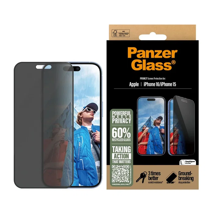 PanzerGlass Protector de Pantalla Privacía iPhone 16 / 15 Ultra-Wide Fit con EasyAligner - Vidrio Templado Anti-Rayones, Anti-Huellas y Fácil Aplicación PanzerGlass Protector de Pantalla Privacía iPhone 16 / 15 Ultra-Wide Fit con EasyAligner - Vidrio Templado Anti-Rayones, Anti-Huellas y Fácil Aplicación