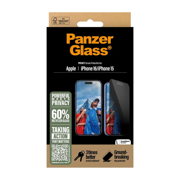 PanzerGlass Protector de Pantalla Privacía iPhone 16 / 15 Ultra-Wide Fit con EasyAligner - Vidrio Templado Anti-Rayones, Anti-Huellas y Fácil Aplicación PanzerGlass Protector de Pantalla Privacía iPhone 16 / 15 Ultra-Wide Fit con EasyAligner - Vidrio Templado Anti-Rayones, Anti-Huellas y Fácil Aplicación
