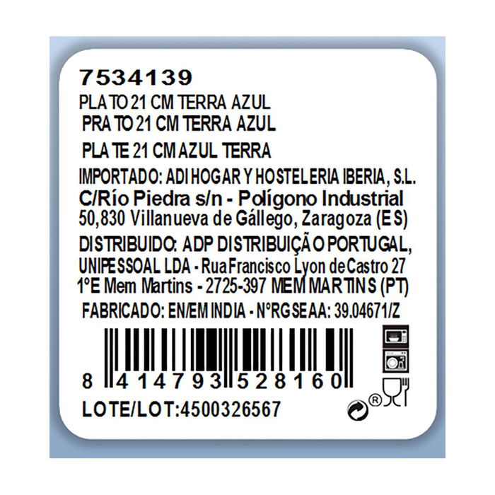 Plato Llano Porcelana Terra Ariane 21 cm