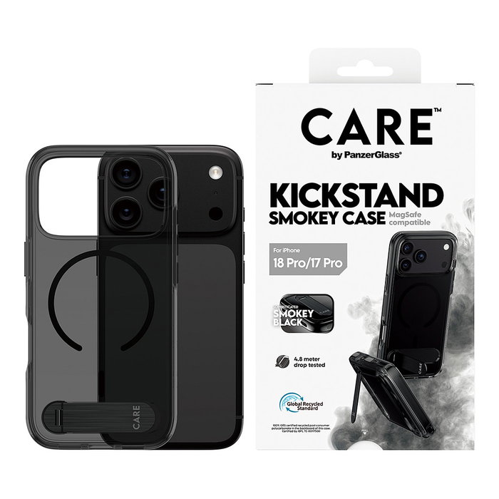PanzerGlass CARE by PanzerGlass Kickstand Case para iPhone 17 Pro, Smokey m. Schwarz con MagSafe y Soporte