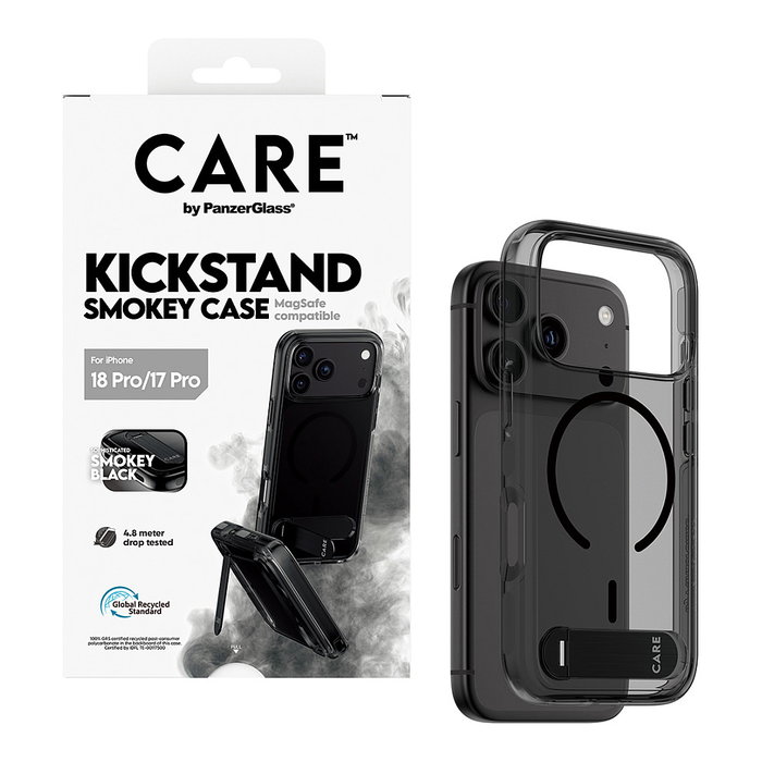PanzerGlass CARE by PanzerGlass Kickstand Case para iPhone 17 Pro, Smokey m. Schwarz con MagSafe y Soporte