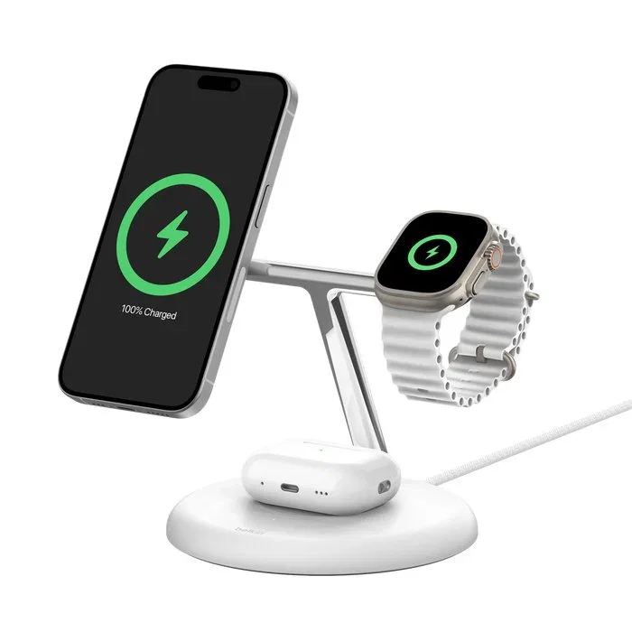 Belkin WIZ023VFWH Base de Carga Inalámbrica 3 en 1 Qi2 15W para iPhone, Apple Watch y AirPods, Blanco