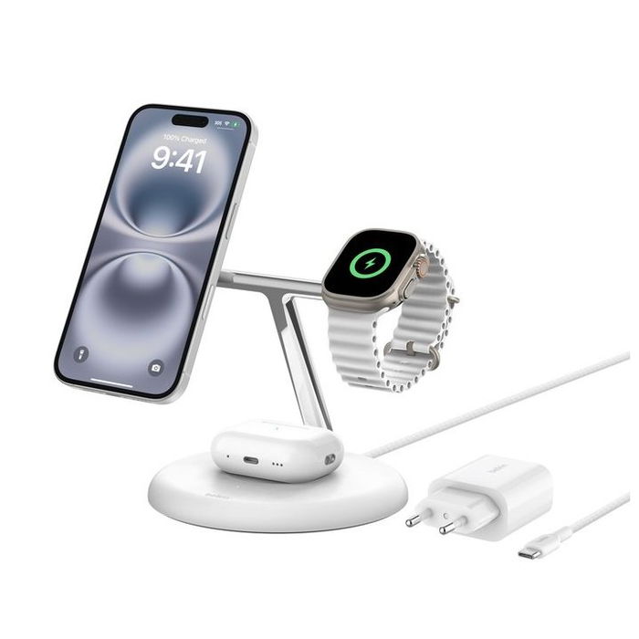 Belkin WIZ023VFWH Base de Carga Inalámbrica 3 en 1 Qi2 15W para iPhone, Apple Watch y AirPods, Inclinación Ajustable, Color Blanco Belkin WIZ023VFWH Base de Carga Inalámbrica 3 en 1 Qi2 15W para iPhone, Apple Watch y AirPods, Inclinación Ajustable, Color Blanco