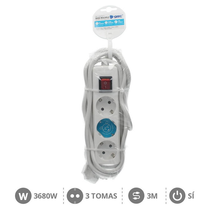 GSC Evolution Base múltiple Serie Estándar 3T con interruptor, 3 tomas, 3m, Blanco
