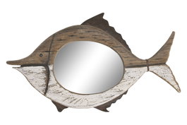 DKD Home Decor Espejo de Paulownia y Cristal Pez Blanco