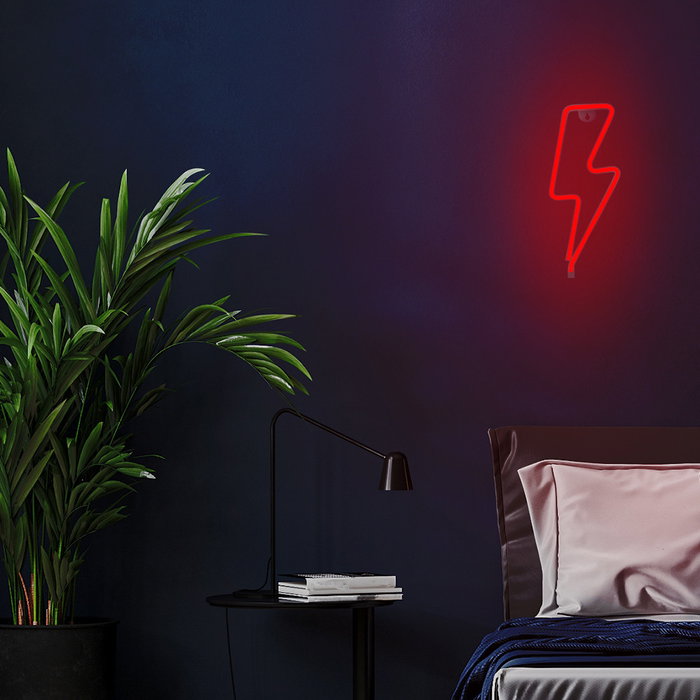Forever Lampara Forever Neon Led Light Bolt - Luz LED Neon Decorativa Rayo Rojo con Soporte de Sobremesa, USB o Pilas