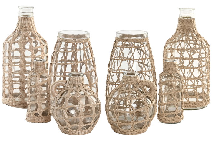 DKD Home Decor Set de 6 Jarrones de Cristal y Mimbre Modelo Botella DKD Home Decor Set de 6 Jarrones de Cristal y Mimbre Modelo Botella