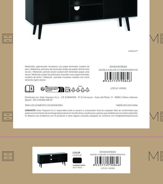 Inde Mueble Auxiliar Moblekit, 4 Compartimentos, 110 x 29 x 47 cm, Espesor 12 mm, Color Roble