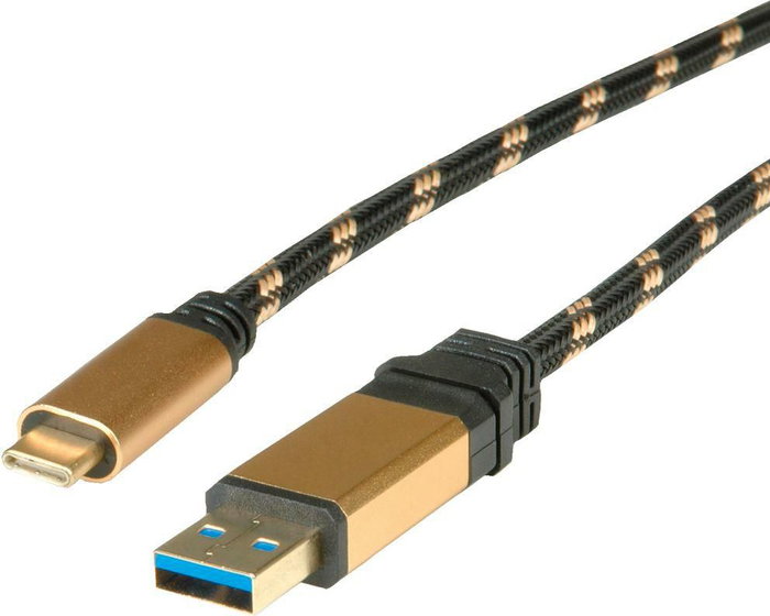 ROLINE Cable USB 3.2 Gen 2 de USB A a USB C, 0,5 m, Negro/Oro