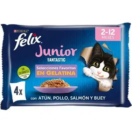 Purina Felix Fantastic Junior En Gelatina para Gatos - Tiernos Trocitos, 12 Paquetes x 4 Sobres de 85 gr (Total 4080g)