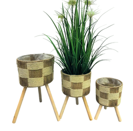 DKD Home Decor Set de 3 Maceteros de Fibra y Pino Trenzado Marrón Claro