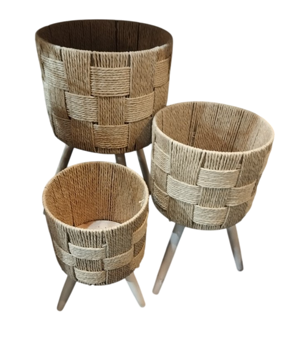 DKD Home Decor Set de 3 Maceteros de Fibra y Pino Trenzado Marrón Claro