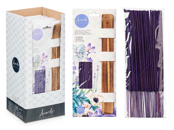 Acorde Set 50 Barras Incienso Lavanda Soporte Madera 12 x 29.5 x 2 cm (Set de 24)
