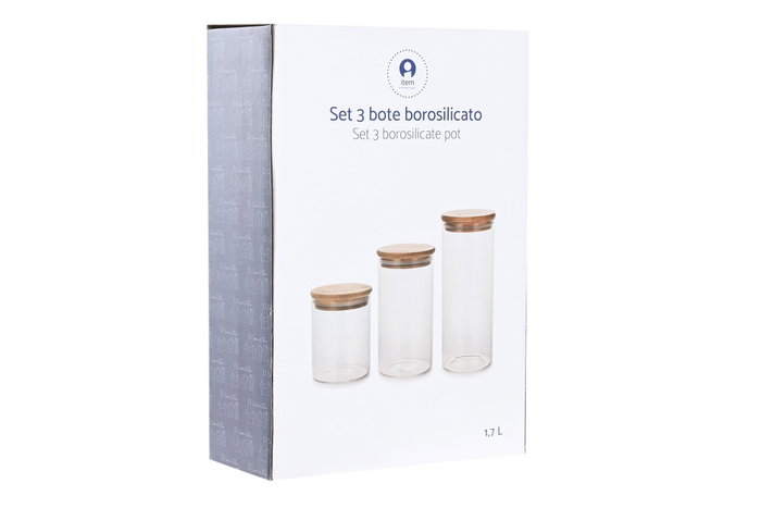 DKD Home Decor Set de 3 Botes de Borosilicato y Acacia Letras 1,8L