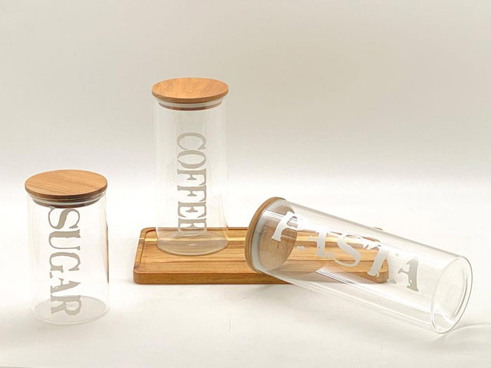 DKD Home Decor Set de 3 Botes de Borosilicato y Acacia Letras 1,8L