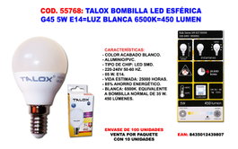 TALOX Bombilla LED Esférica G45 5W E14 Luz Blanca 6500K