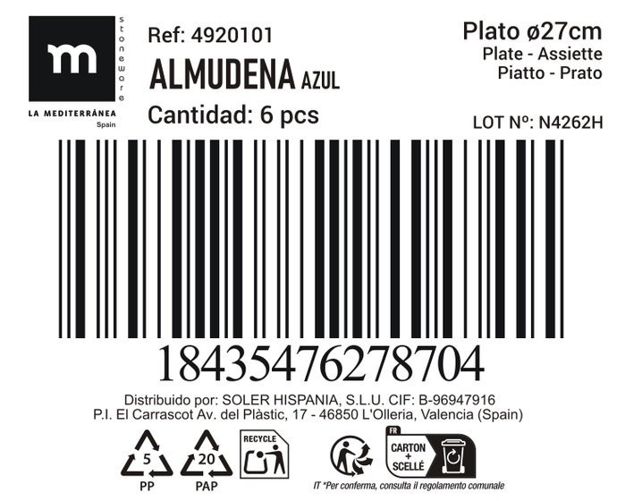 La Mediterranea Plato Almudena Azul Ø27 cm (12 Unidades)带来