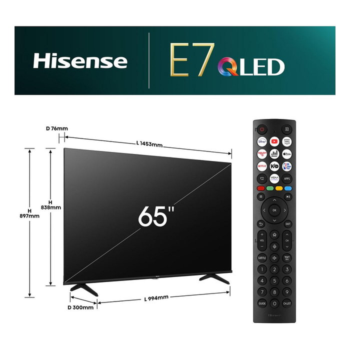 Hisense 65E77NQ - Televisor QLED 65" / 164 cm 4K Ultra HD (3840x2160) Smart TV, 60 Hz, HDR10+, HDMI 2.1, Wi-Fi, Bluetooth, Negro