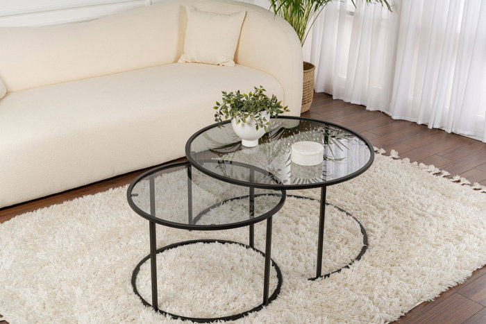 Nordure Juego de Mesas de Café 80x43x80 cm y 60x39x60 cm Vidrio Templado Metal Negro Gris