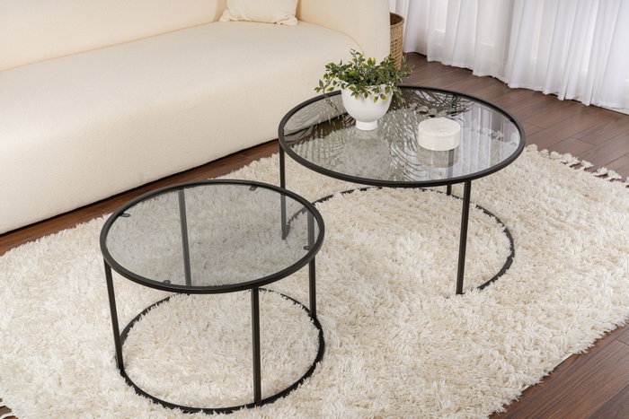 Nordure Juego de Mesas de Café 80x43x80 cm y 60x39x60 cm Vidrio Templado Metal Negro Gris
