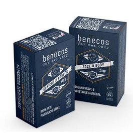 Benecos Jabón Sólido Vegano para Hombre 75Gr, Orgánico con Carbón y Lavanda, Limpia e Hidrata